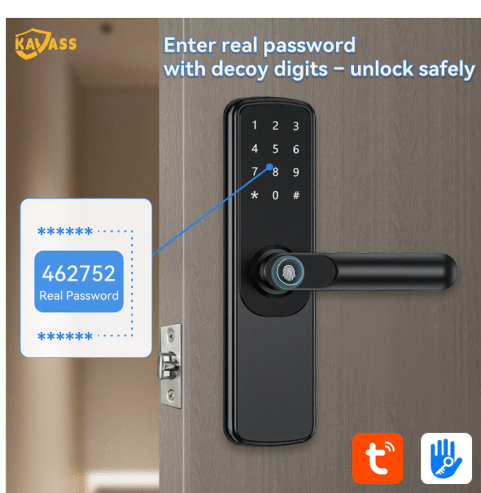 KAVASS smart lock supporting decoy password entry, example password 462752, with Tuya and TTLock function icons.