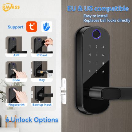 KAVASS smart lock with six unlocking methods (APP, IC card, password, key, fingerprint, backup power), EU & US compatible, easy installation to replace knob locks.