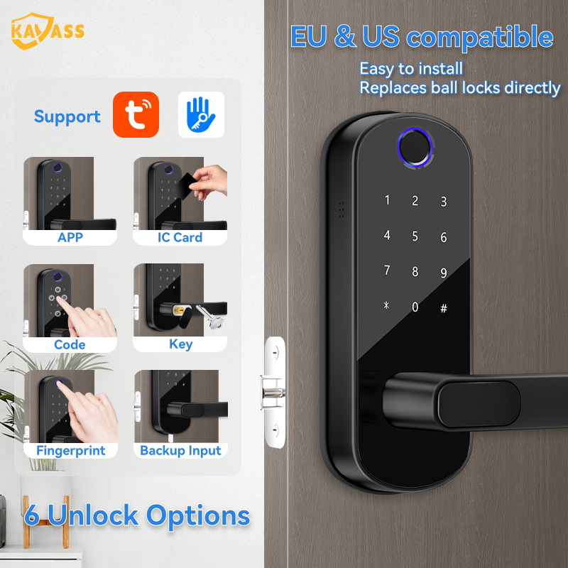 KAVASS smart lock with six unlocking methods (APP, IC card, password, key, fingerprint, backup power), EU & US compatible, easy installation to replace knob locks.