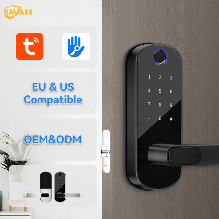 KAVASS smart lock compatible with EU & US standards, supporting OEM and ODM customization, showcasing two design styles.