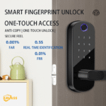 KAVASS fingerprint smart lock with 0.5s recognition, low error rate (FAR 0.001%, FRR 0.01%), anti-copy technology for secure access.