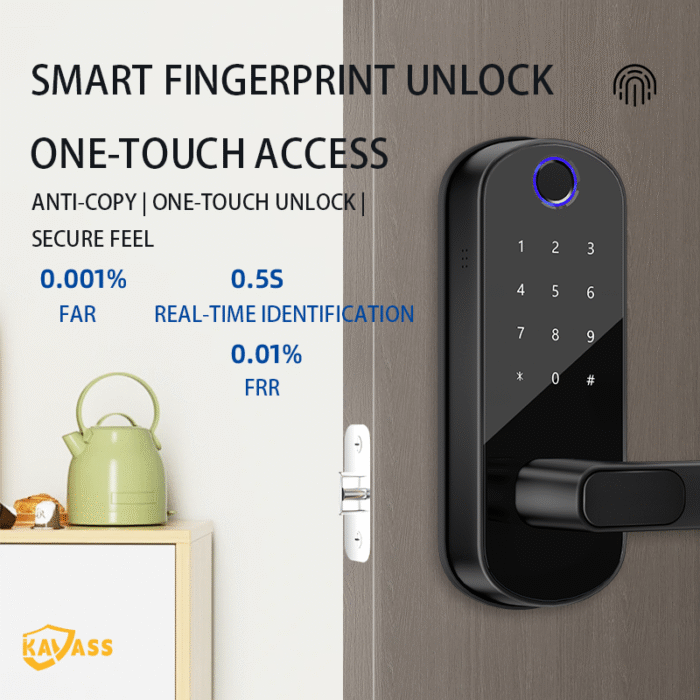 KAVASS fingerprint smart lock with 0.5s recognition, low error rate (FAR 0.001%, FRR 0.01%), anti-copy technology for secure access.