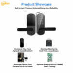 KAVASS smart lock with durable materials including aluminum alloy panel, stainless steel spring, aluminum and brass core, optional waterproof PCB, size 124×65mm.