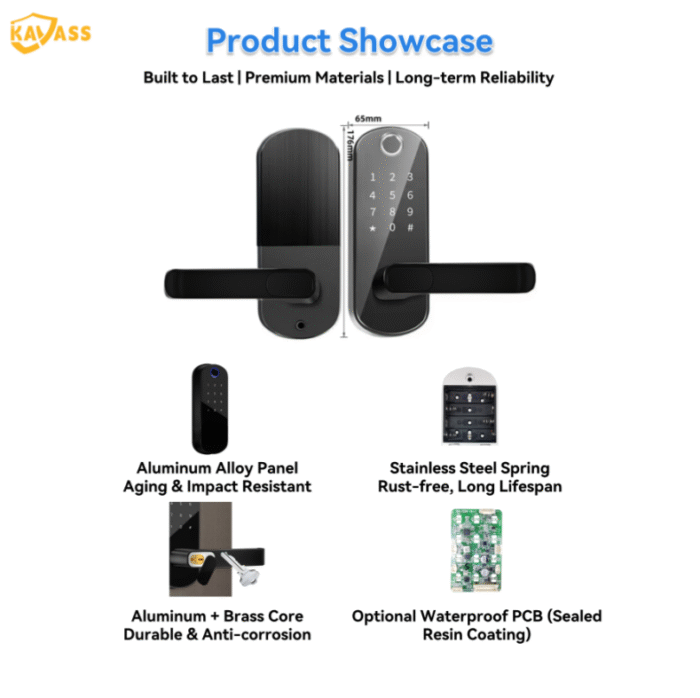 KAVASS smart lock with durable materials including aluminum alloy panel, stainless steel spring, aluminum and brass core, optional waterproof PCB, size 124×65mm.