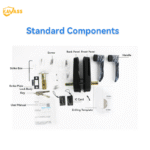KAVASS smart lock standard components including lock body, strike box, strike plate, key, screws, front and back panels, handle, user manual, IC card, and drilling template.