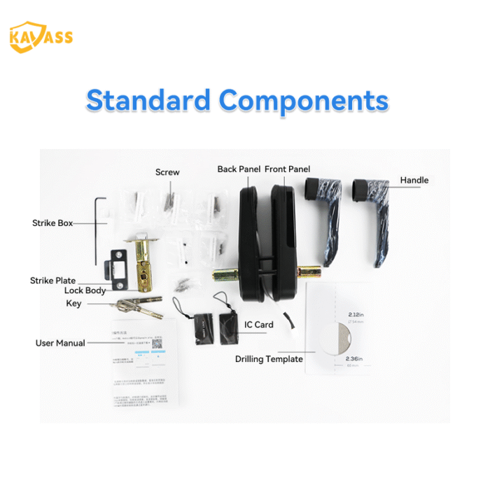 KAVASS smart lock standard components including lock body, strike box, strike plate, key, screws, front and back panels, handle, user manual, IC card, and drilling template.