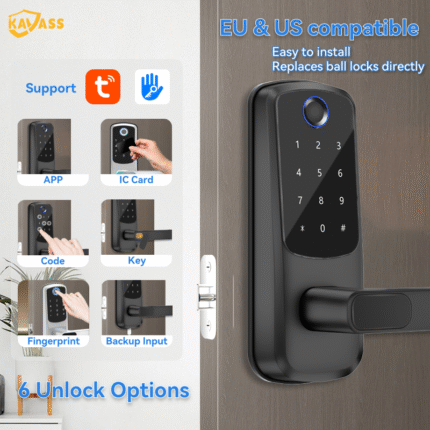 KAVASS smart lock with six unlocking methods (APP, IC card, code, key, fingerprint, backup input), EU & US compatible, easy replacement for knob locks.
