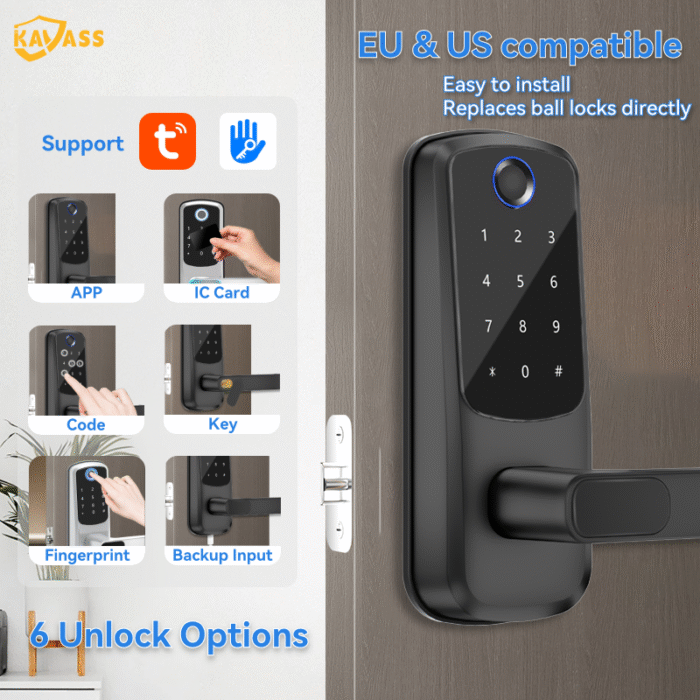 KAVASS smart lock with six unlocking methods (APP, IC card, code, key, fingerprint, backup input), EU & US compatible, easy replacement for knob locks.