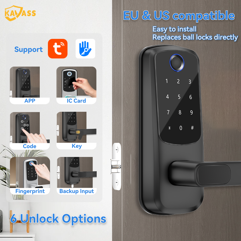KAVASS smart lock with six unlocking methods (APP, IC card, code, key, fingerprint, backup input), EU & US compatible, easy replacement for knob locks.