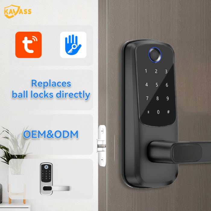 KAVASS smart lock replacing ball locks directly, supporting OEM and ODM customization, displayed in two styles with function icons.