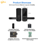 KAVASS smart lock with aluminum alloy panel, stainless steel spring, aluminum and brass core, optional waterproof PCB, size 66×178mm.
