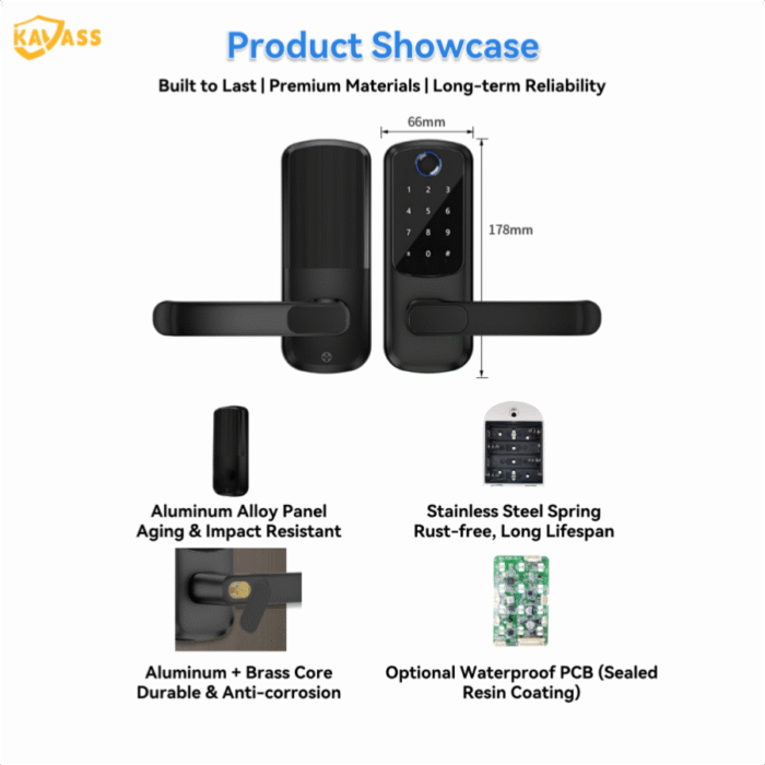KAVASS smart lock with aluminum alloy panel, stainless steel spring, aluminum and brass core, optional waterproof PCB, size 66×178mm.