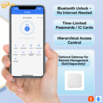 KAVASS smart lock mobile app (TTLock) interface supporting Bluetooth unlock, time-limited password or IC card, access control, optional gateway for remote management.