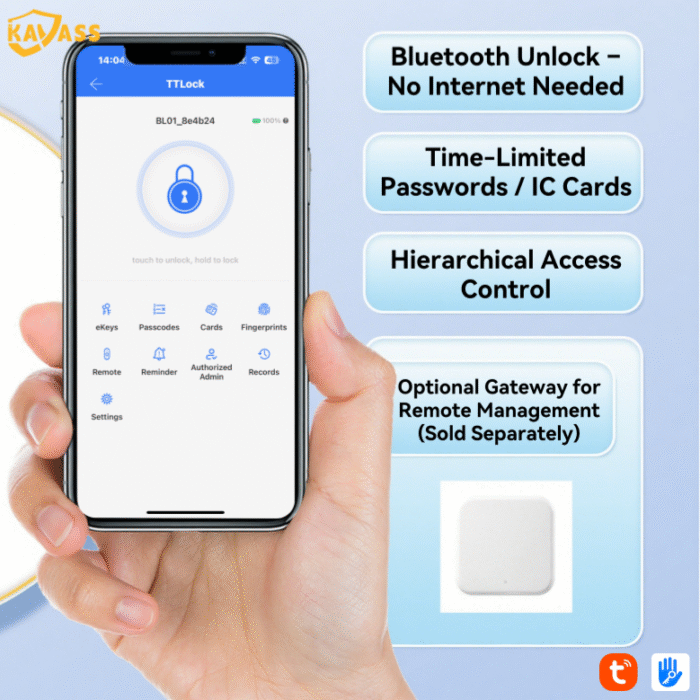 KAVASS smart lock mobile app (TTLock) interface supporting Bluetooth unlock, time-limited password or IC card, access control, optional gateway for remote management.